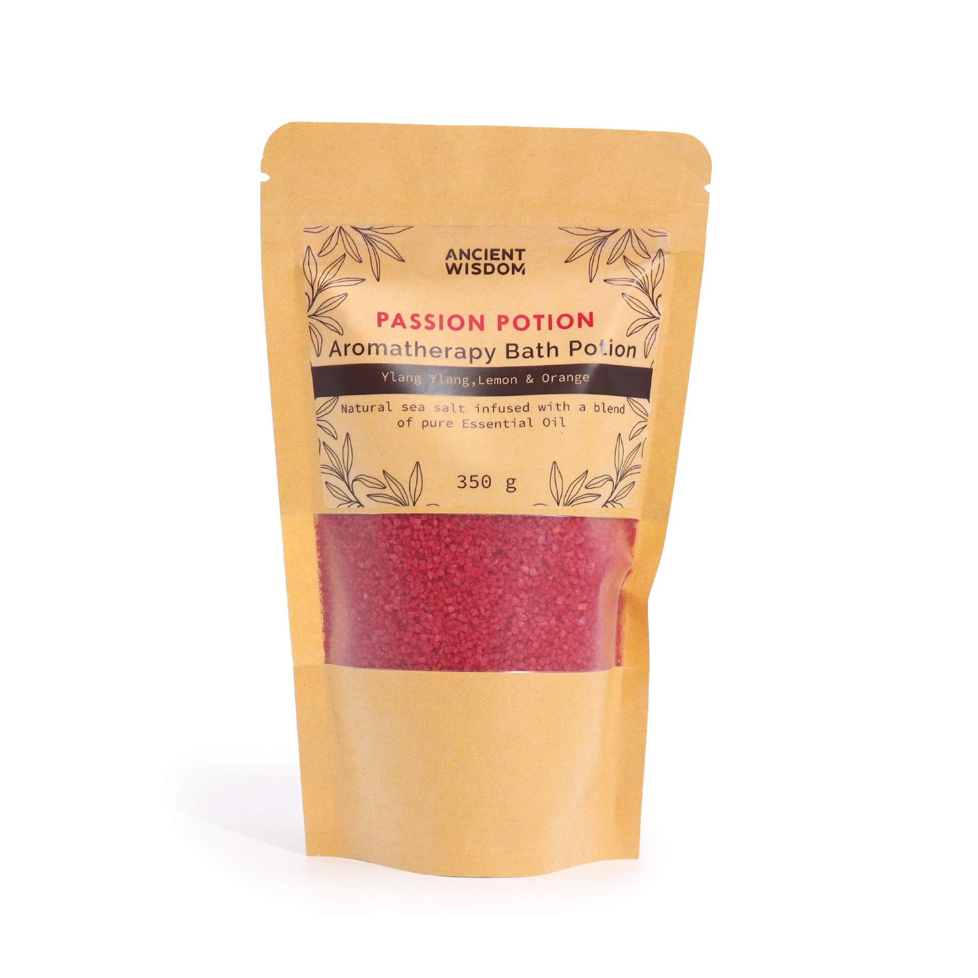 Aromatherapy Bath Salt Passion with ylang ylang, lemon, and orange essential oils in a 350g pouch.

