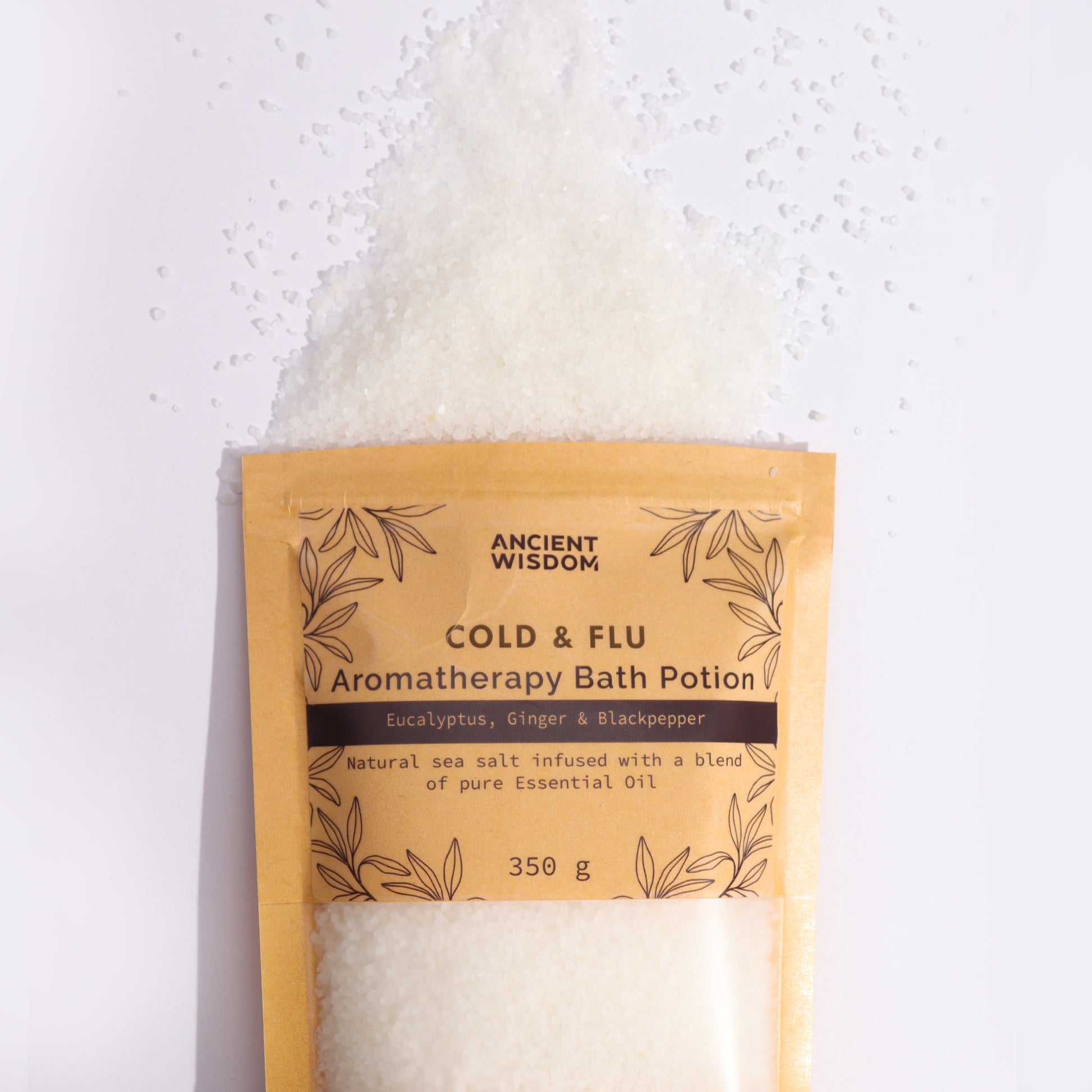 Aromatherapy Bath Salt Cold & Flu with eucalyptus, ginger, and black pepper essential oils in a 350g pouch.

