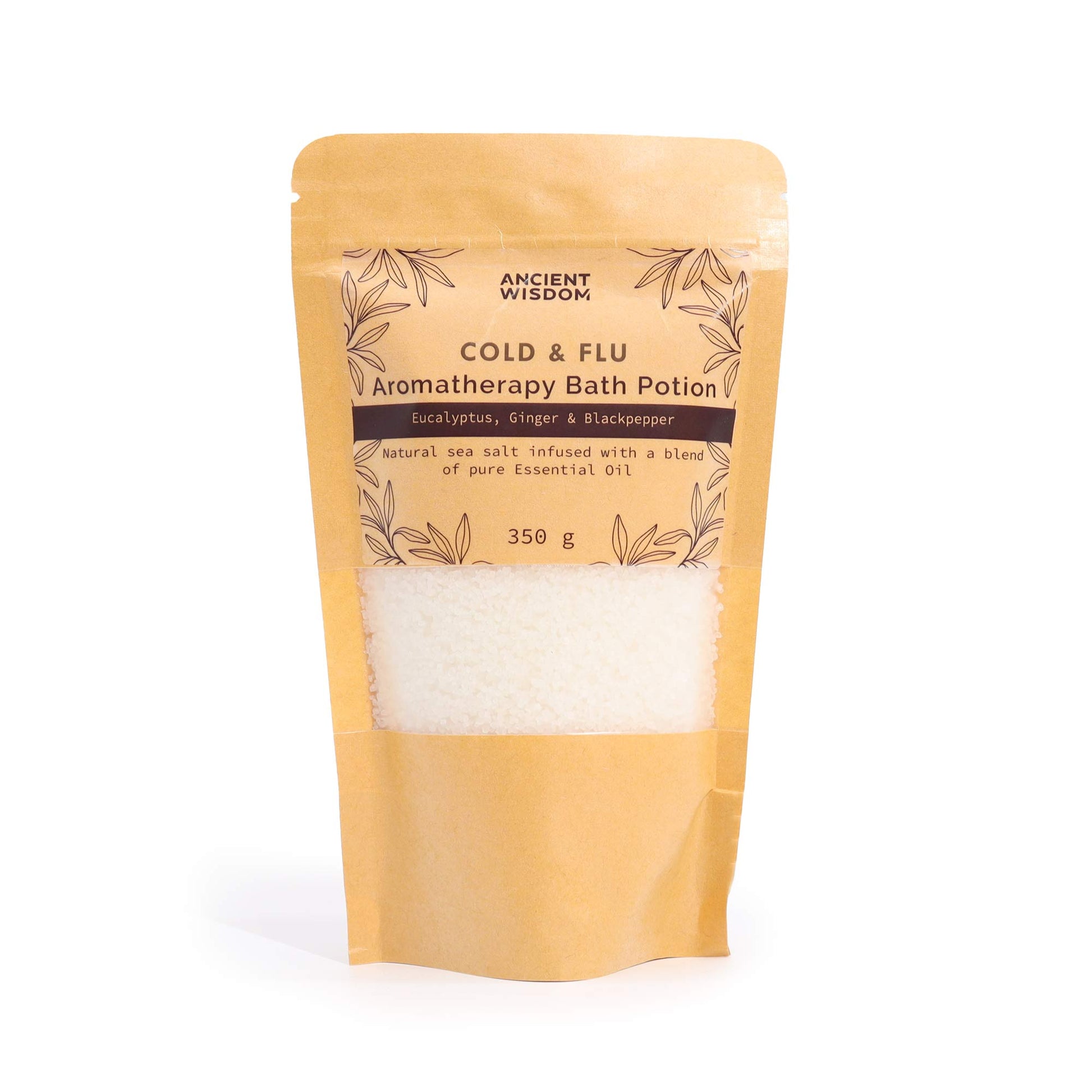 Aromatherapy Bath Salt Cold & Flu with eucalyptus, ginger, and black pepper essential oils in a 350g pouch.

