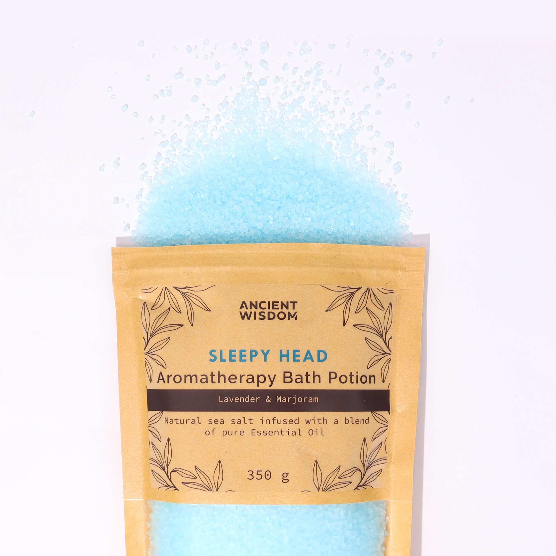 Aromatherapy Bath Salt Sleepy Head with lavender and marjoram essential oils in a 350g pouch.

