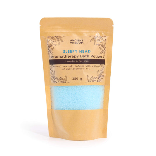 Aromatherapy Bath Salt Sleepy Head with lavender and marjoram essential oils in a 350g pouch.

