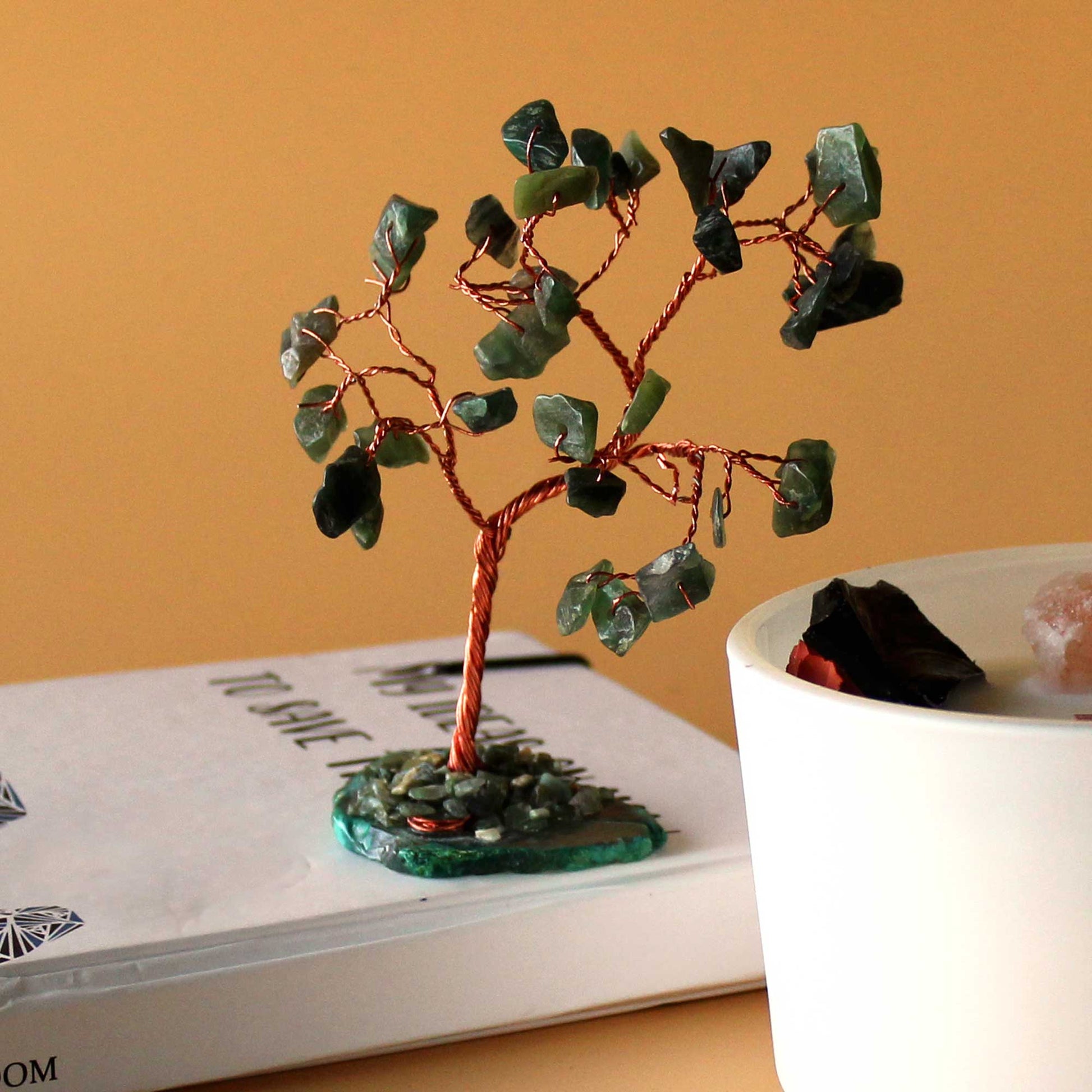 Green Aventurine crystal tree with agate base – handcrafted gemstone tree with 35 stones