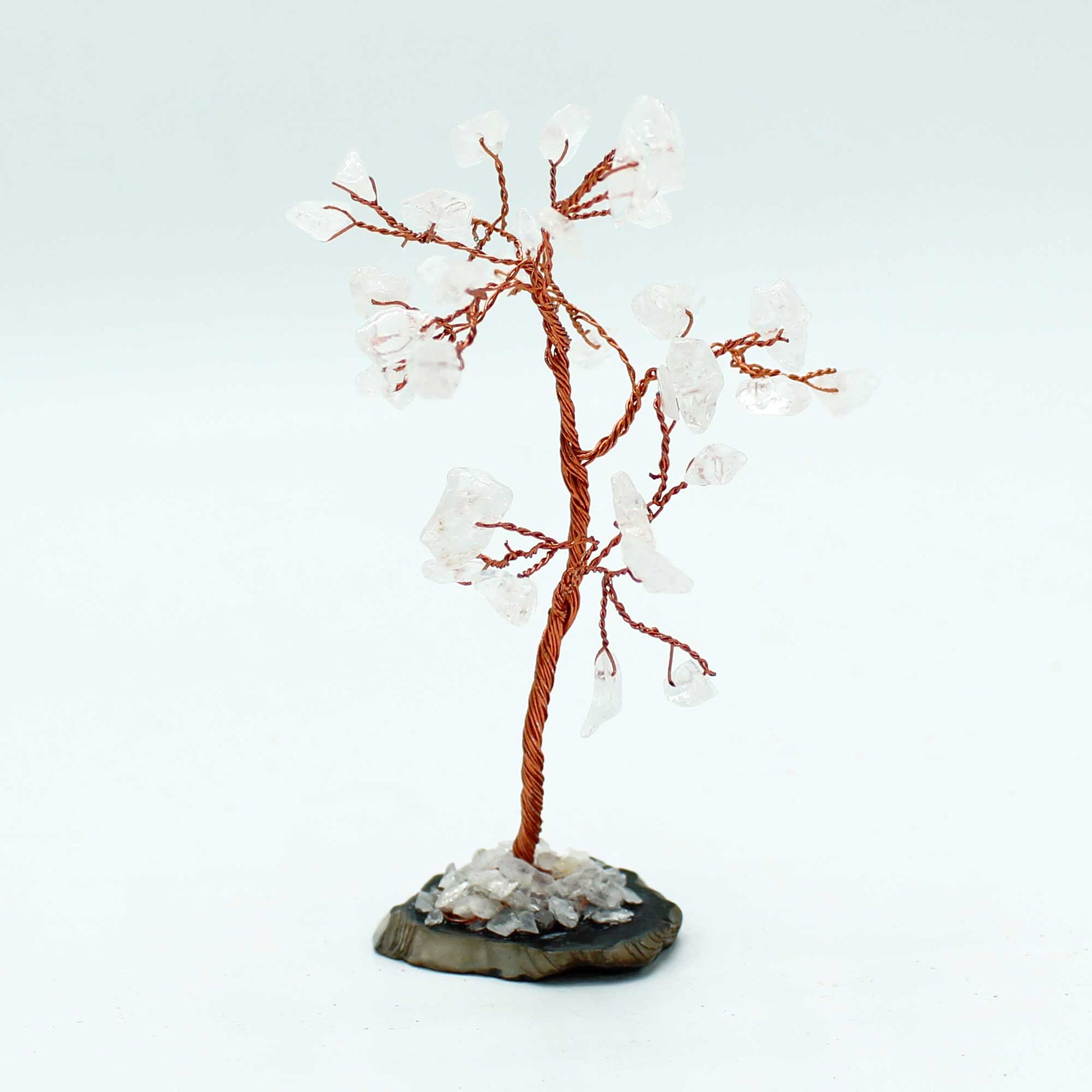Rock Quartz crystal tree with agate base – handcrafted gemstone tree with 35 stones