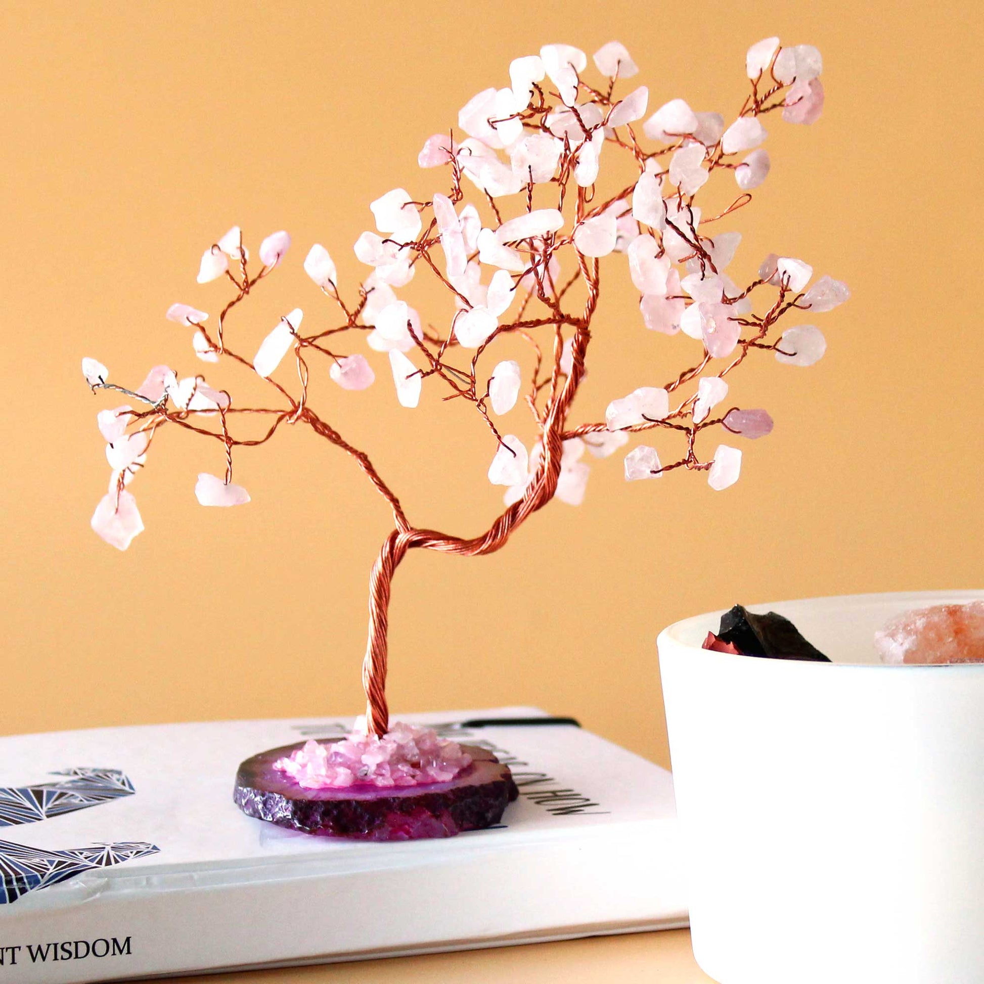 Rose Quartz crystal tree with agate base – handcrafted gemstone tree with 100 stones