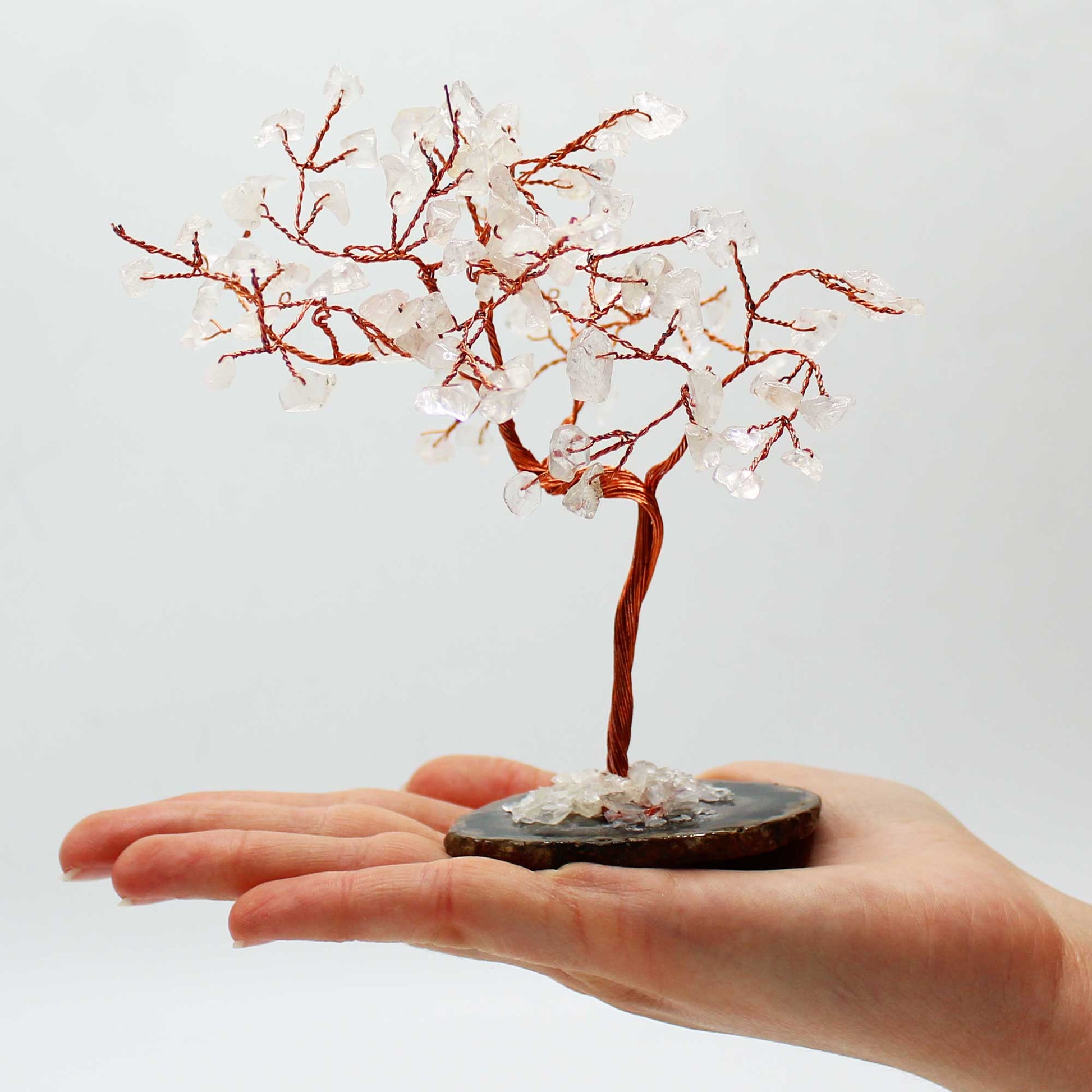 Rock Quartz crystal tree with agate base – handcrafted gemstone tree with 100 stones