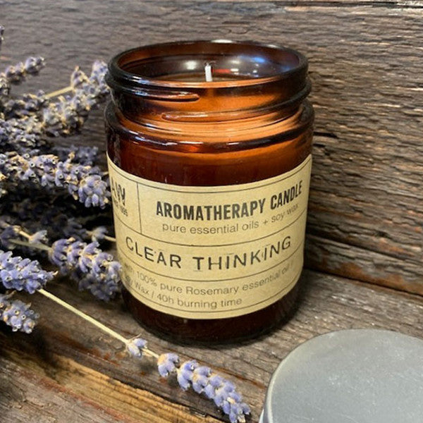 Clear Thinking soy wax aromatherapy candle with rosemary essential oil in amber jar
