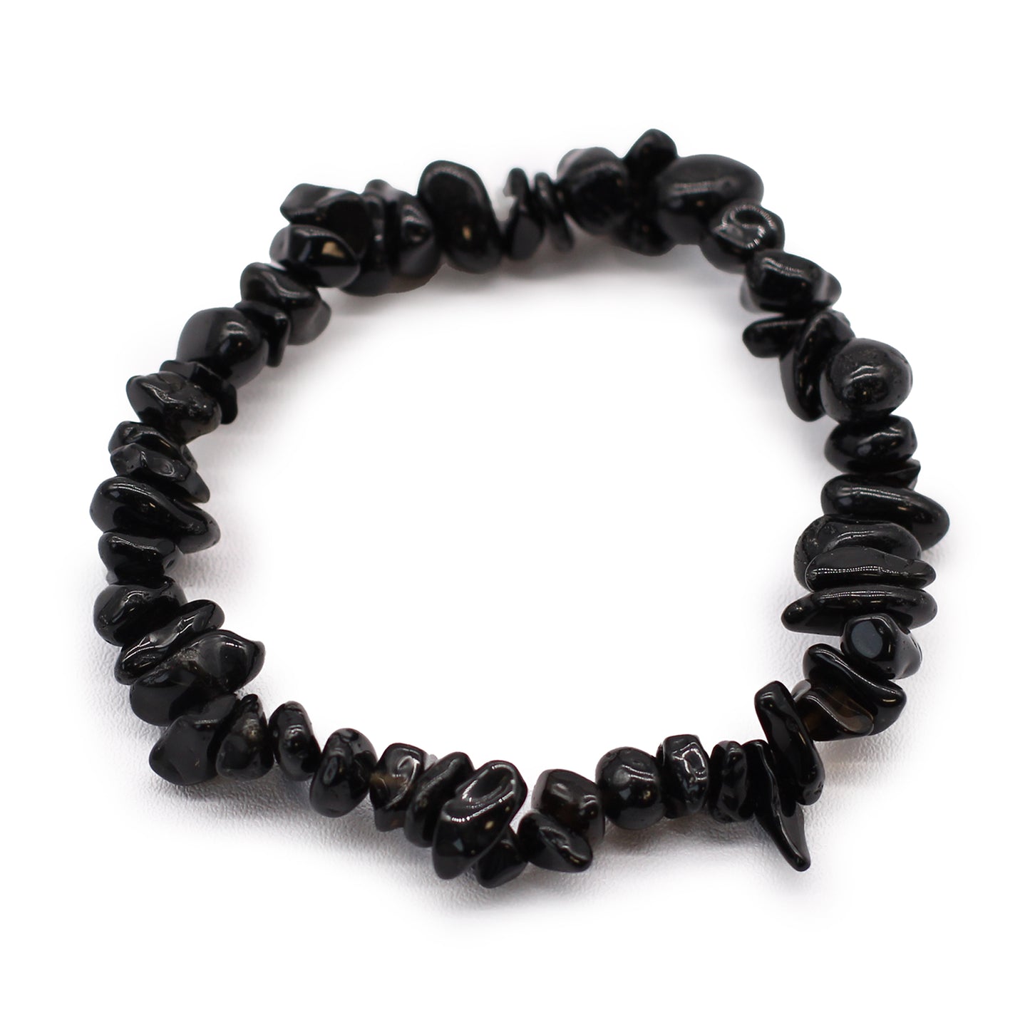 Black Agate chip stone bracelet with deep black stones, symbolising protection, grounding, and emotional resilience.

