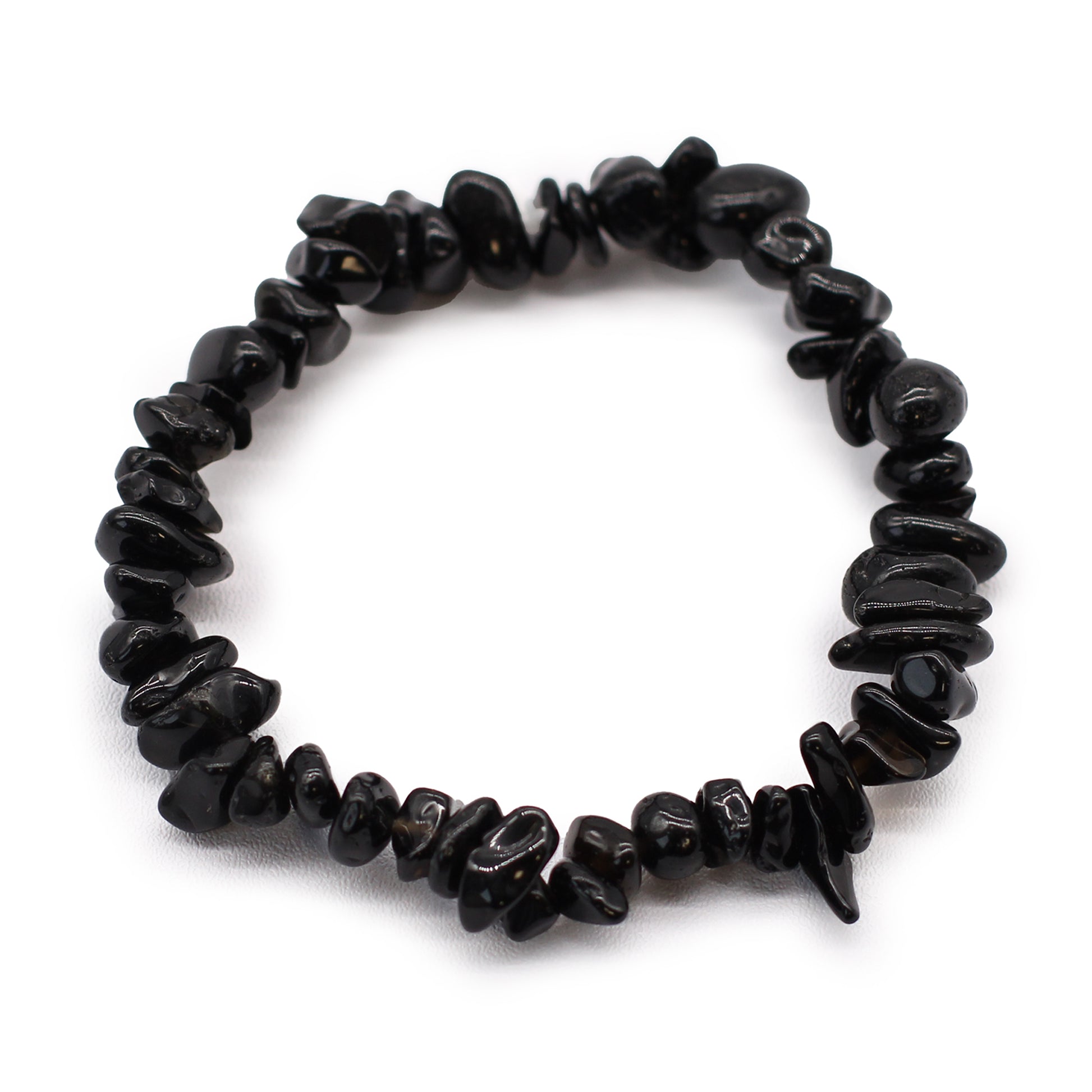 Black Agate chip stone bracelet with deep black stones, symbolising protection, grounding, and emotional resilience.

