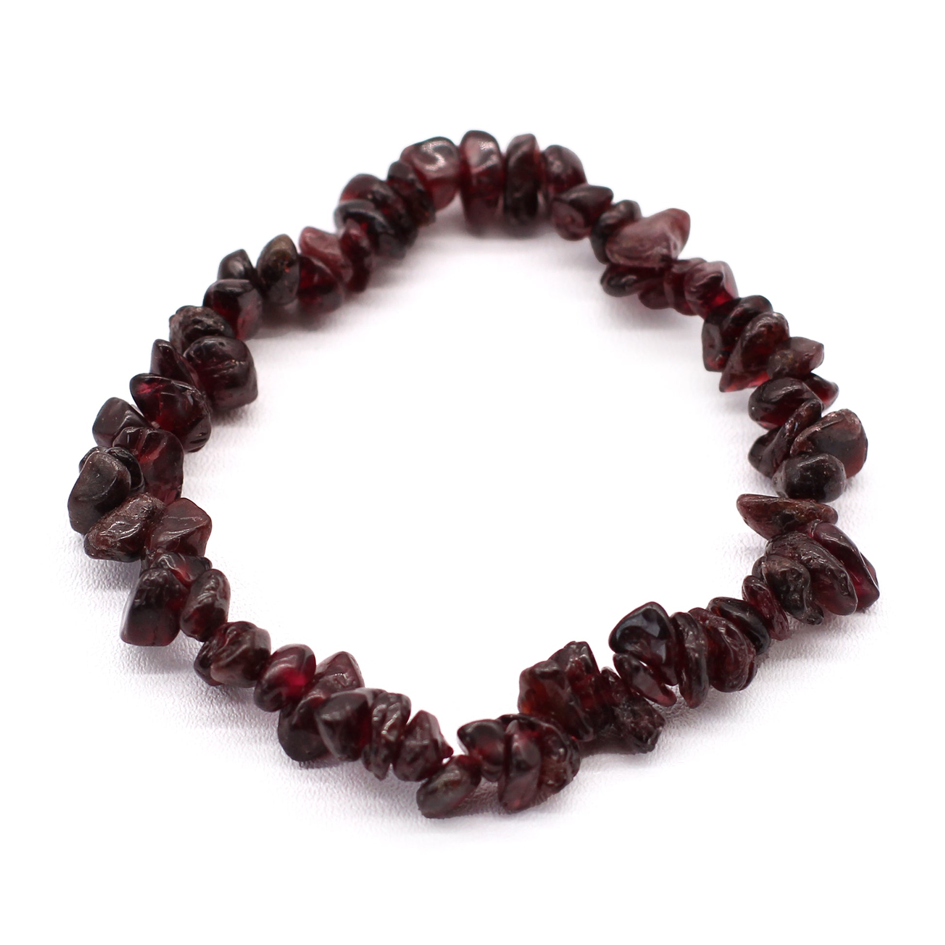 Blood Garnet crystal chip stone bracelet with deep red stones symbolising strength, passion, and emotional resilience.

