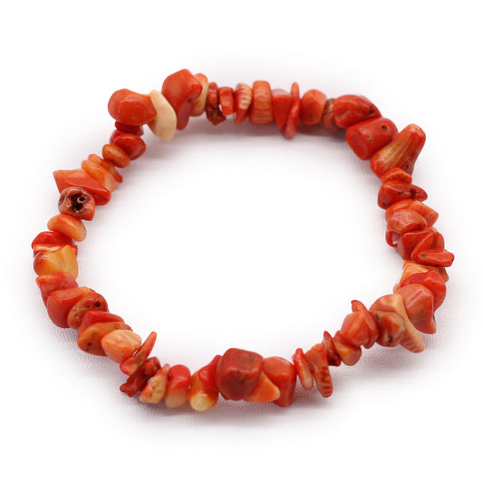 Chip stone bracelet made with redish pink Coralite stones, symbolising vitality, emotional healing, and inner peace.


