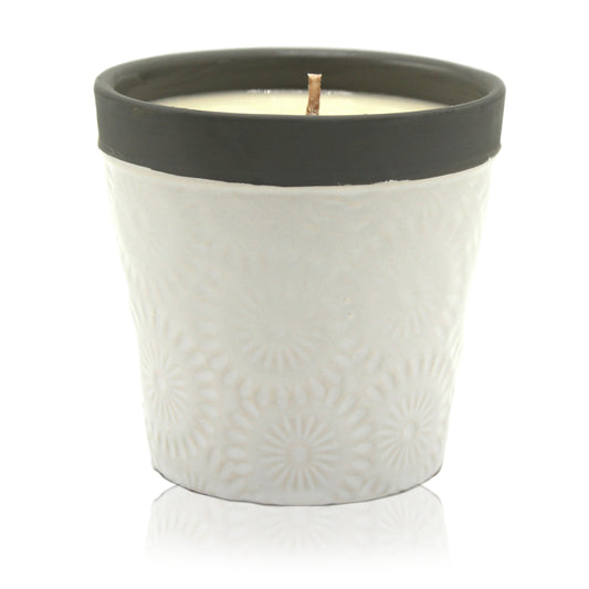 Forever Vanilla soy wax candle in ceramic plant pot with warm British vanilla fragrance
