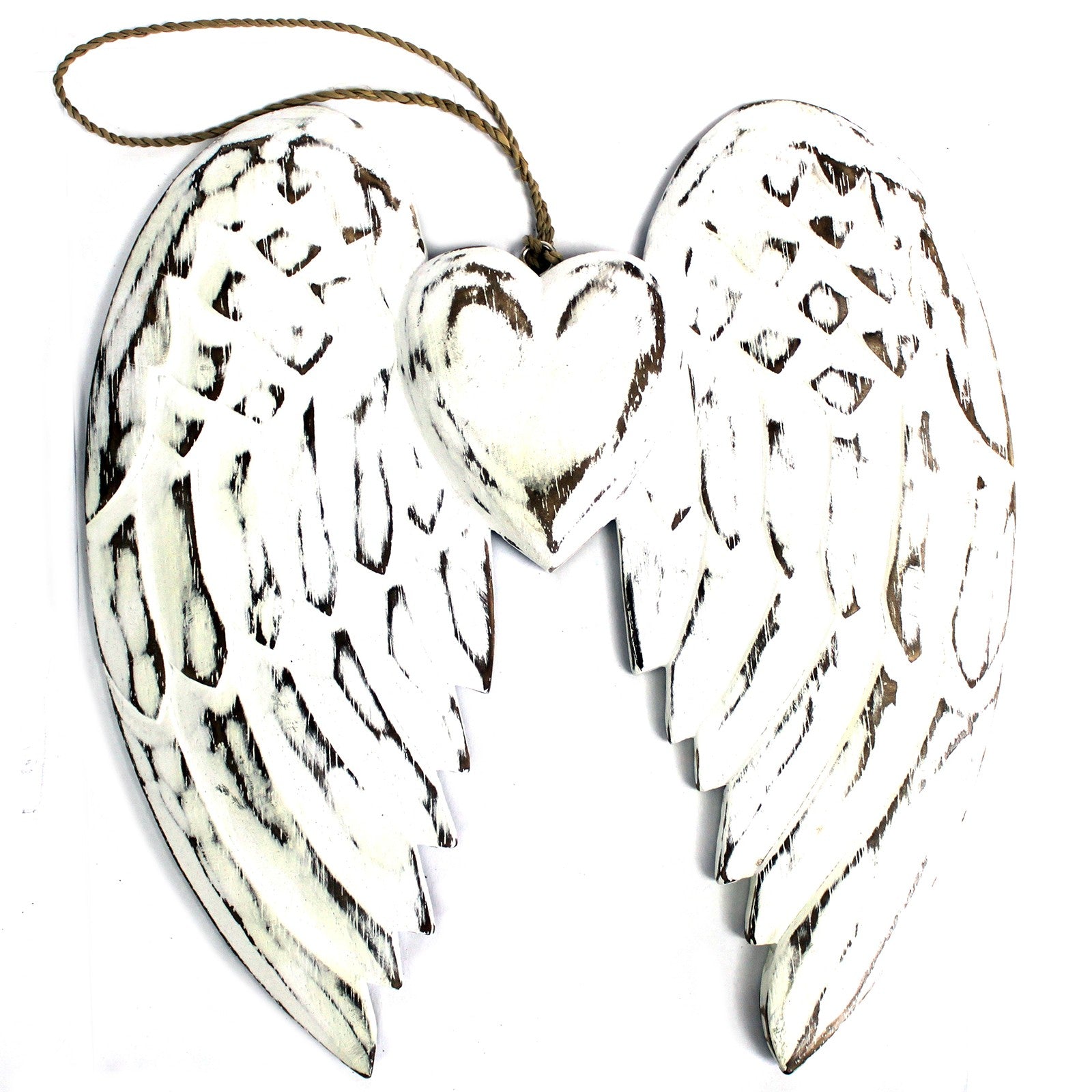 Whitewashed double angel wings with heart in centre – 24cm handcrafted wood decoration with chalkboard back for personal messages.

