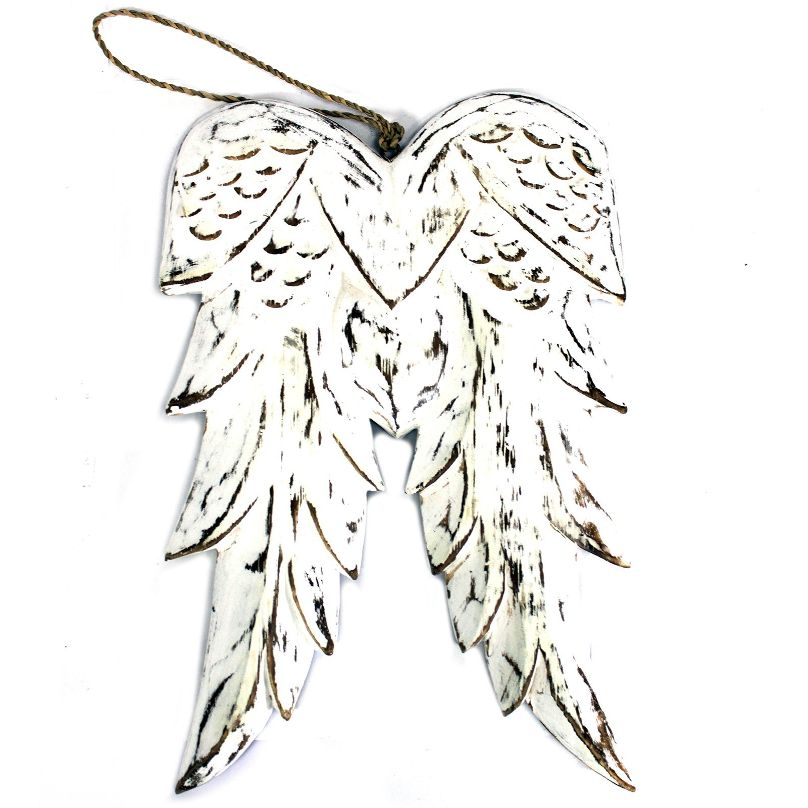 31cm double angel wing decoration in whitewashed wood – hand-carved in Bali with chalkboard back for personal messages.

