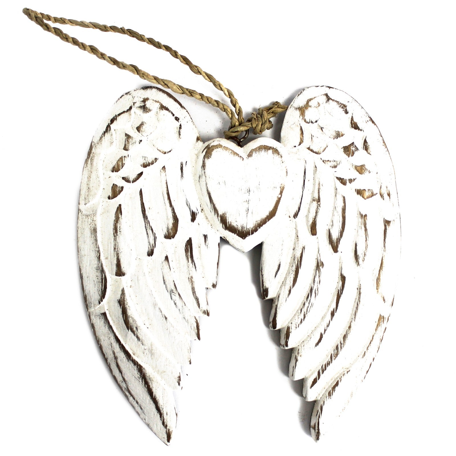 Small whitewashed double angel wing with heart, hand-carved from wood – 15cm hanging decoration with chalkboard back.

