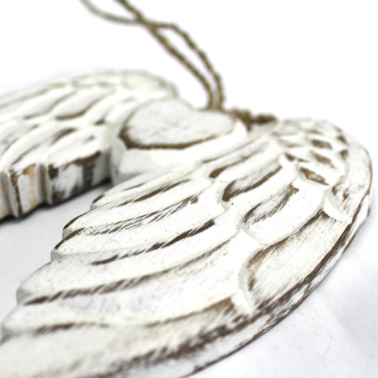 Small whitewashed double angel wing with heart, hand-carved from wood – 15cm hanging decoration with chalkboard back.

