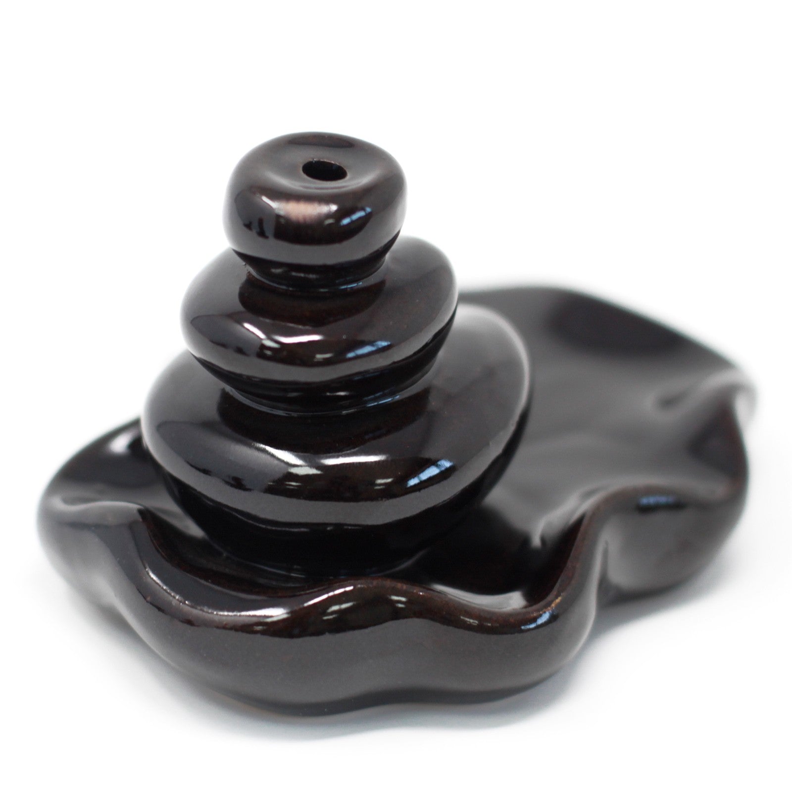 Large pebble-style backflow incense burner with cascading smoke waterfall into a wide base, suitable for serene décor and rituals.

