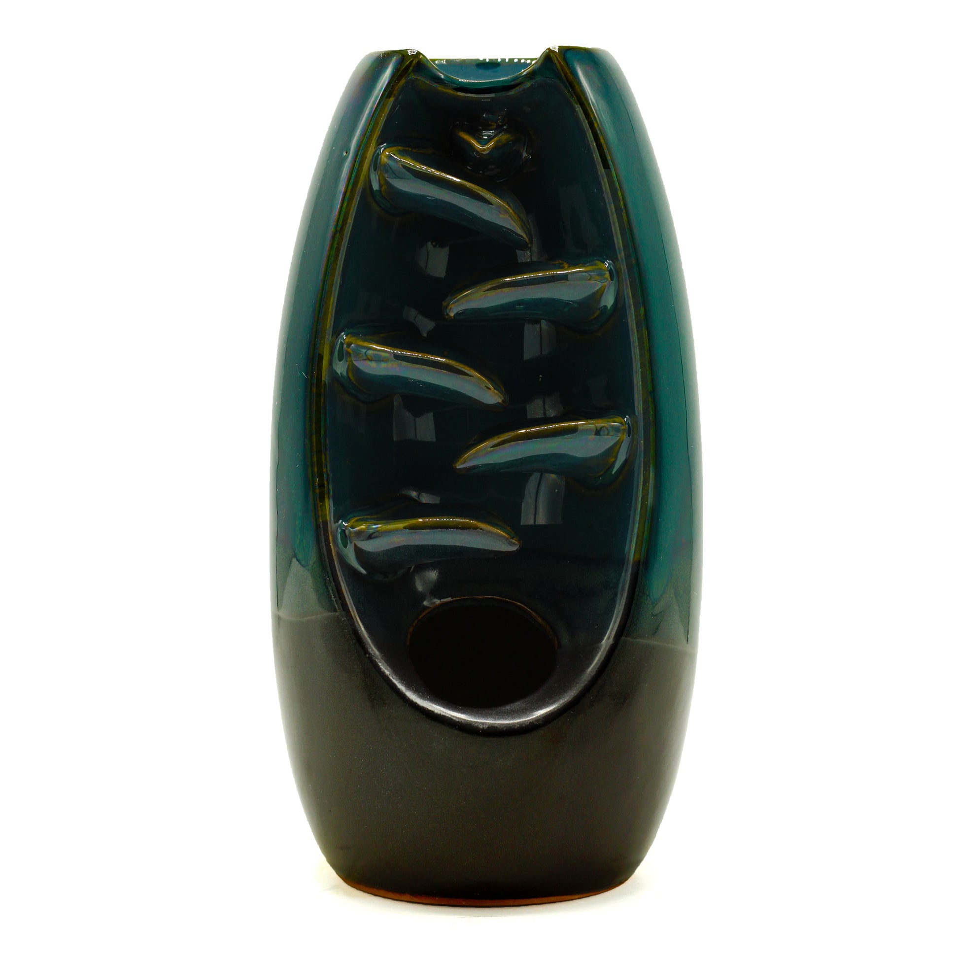 Serene oval-shaped backflow incense burner with smoke waterfall effect and ceramic finish for meditation or spiritual décor.

