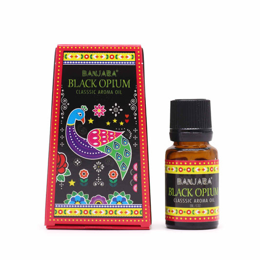 Banjara Black Opium fragrance oil 10ml – rich spicy-sweet scent in colourful Indian packaging

