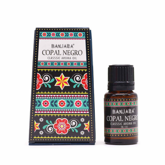 Banjara Copal Negro fragrance oil 10ml – resinous sacred aroma with traditional Indian design packaging


