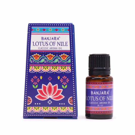Banjara Lotus of the Nile fragrance oil 10ml – soft floral scent with vibrant Indian-themed packaging

