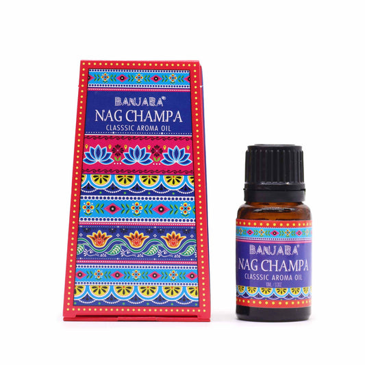 Banjara Nag Champa fragrance oil 10ml – classic Indian scent with colourful packaging

