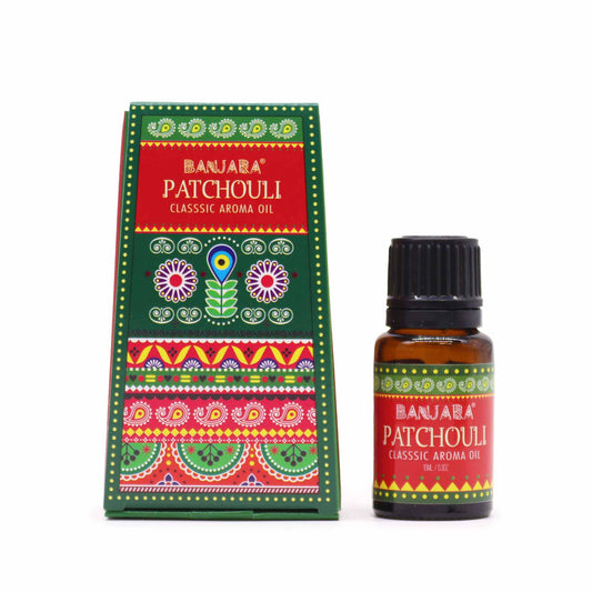 Banjara Patchouli fragrance oil 10ml – earthy grounding aroma with colourful Indian packaging

