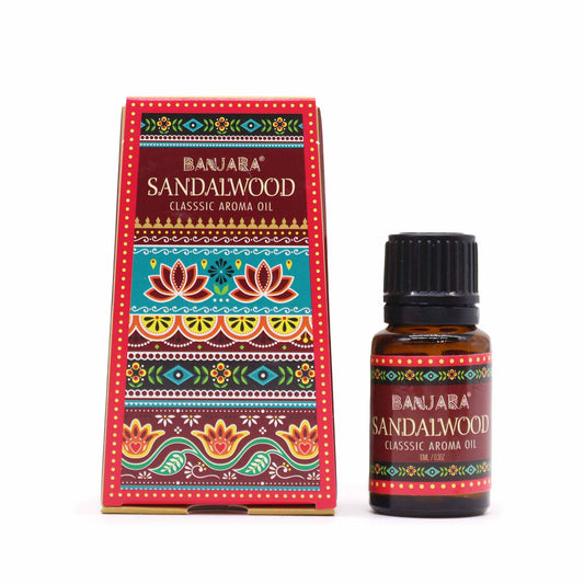 Banjara Sandalwood fragrance oil 10ml – smooth woody scent in colourful Indian packaging

