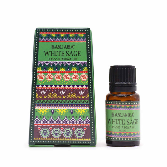 Banjara White Sage fragrance oil 10ml – fresh herbal aroma in vibrant Indian packaging

