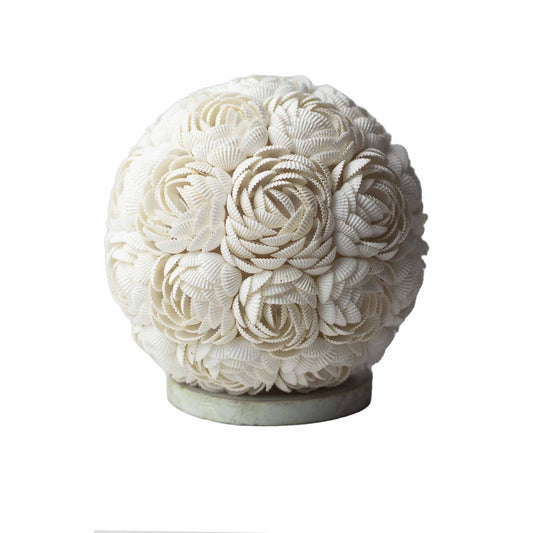 White globe seashell lamp with intricate rose petal design – 20cm diameter, handcrafted in Indonesia, ideal for ambient boho lighting.

