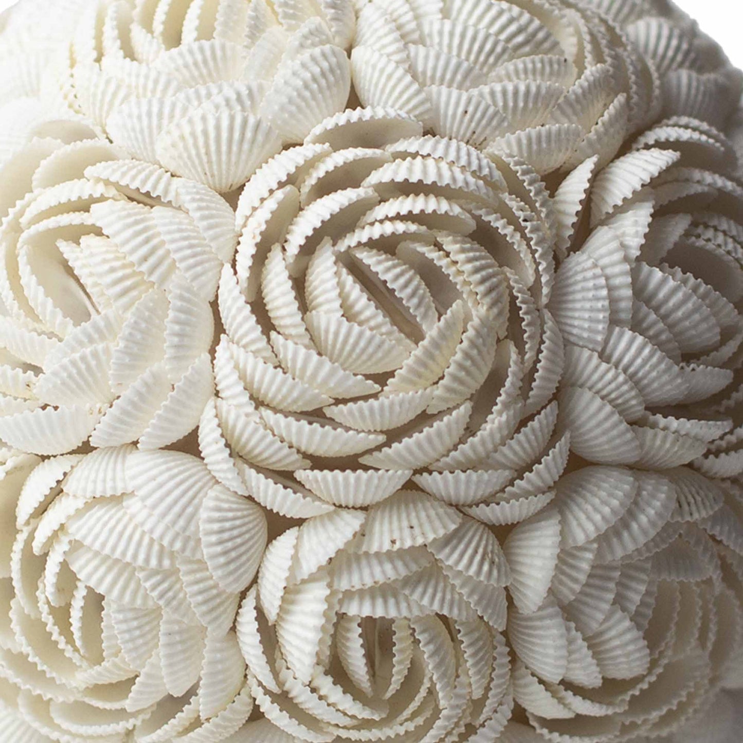 White globe seashell lamp with intricate rose petal design – 20cm diameter, handcrafted in Indonesia, ideal for ambient boho lighting.

