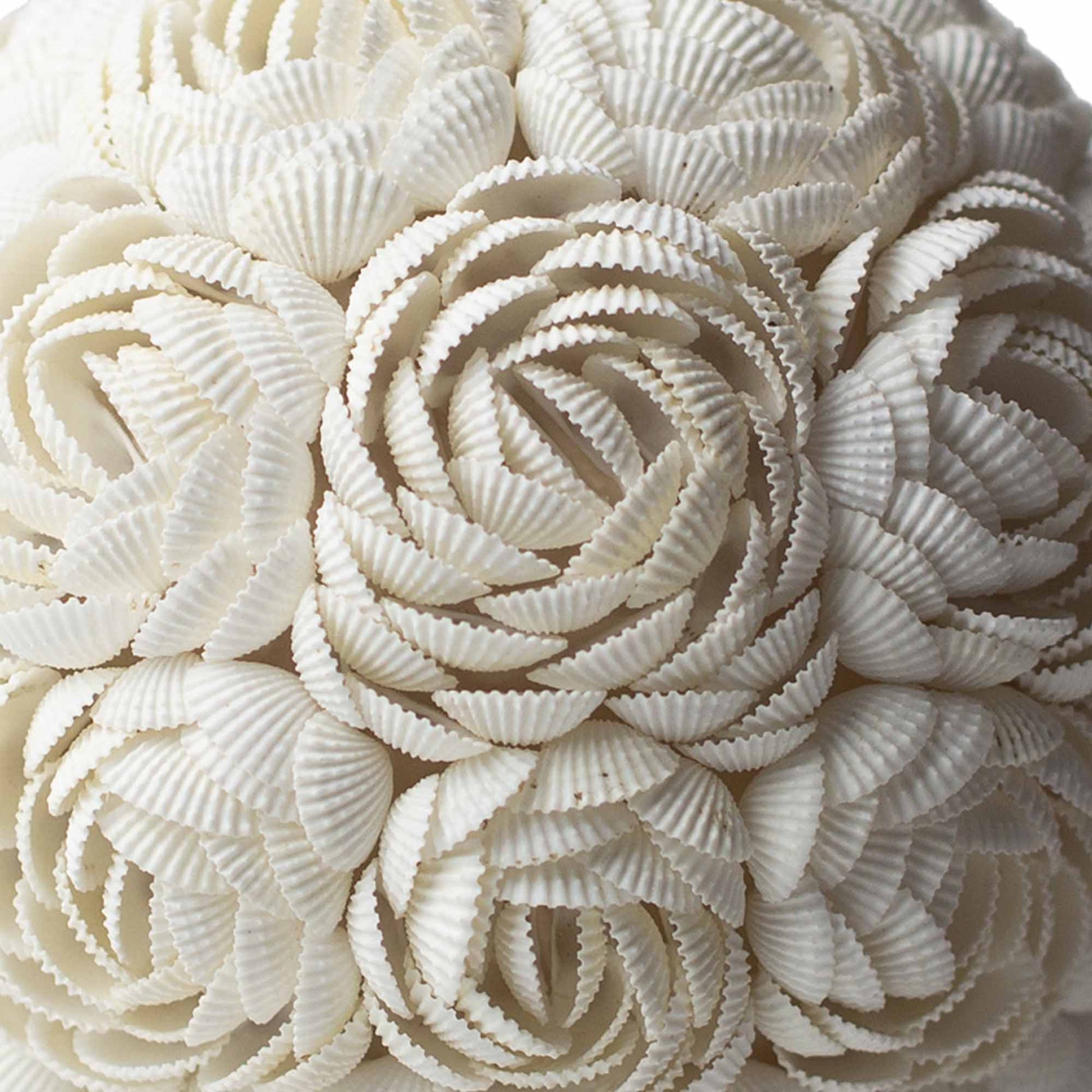 White globe seashell lamp with intricate rose petal design – 20cm diameter, handcrafted in Indonesia, ideal for ambient boho lighting.

