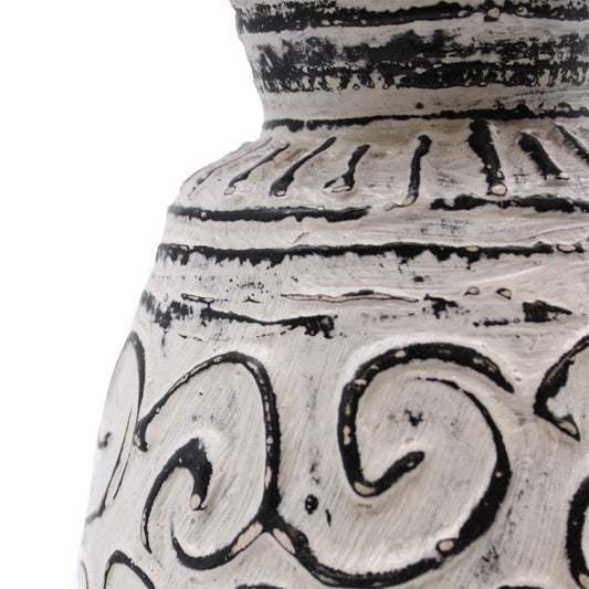 Cream terracotta vase with swirl carvings and flared rim – handcrafted in Lombok, ideal for dried floral arrangements or ornamental display.


