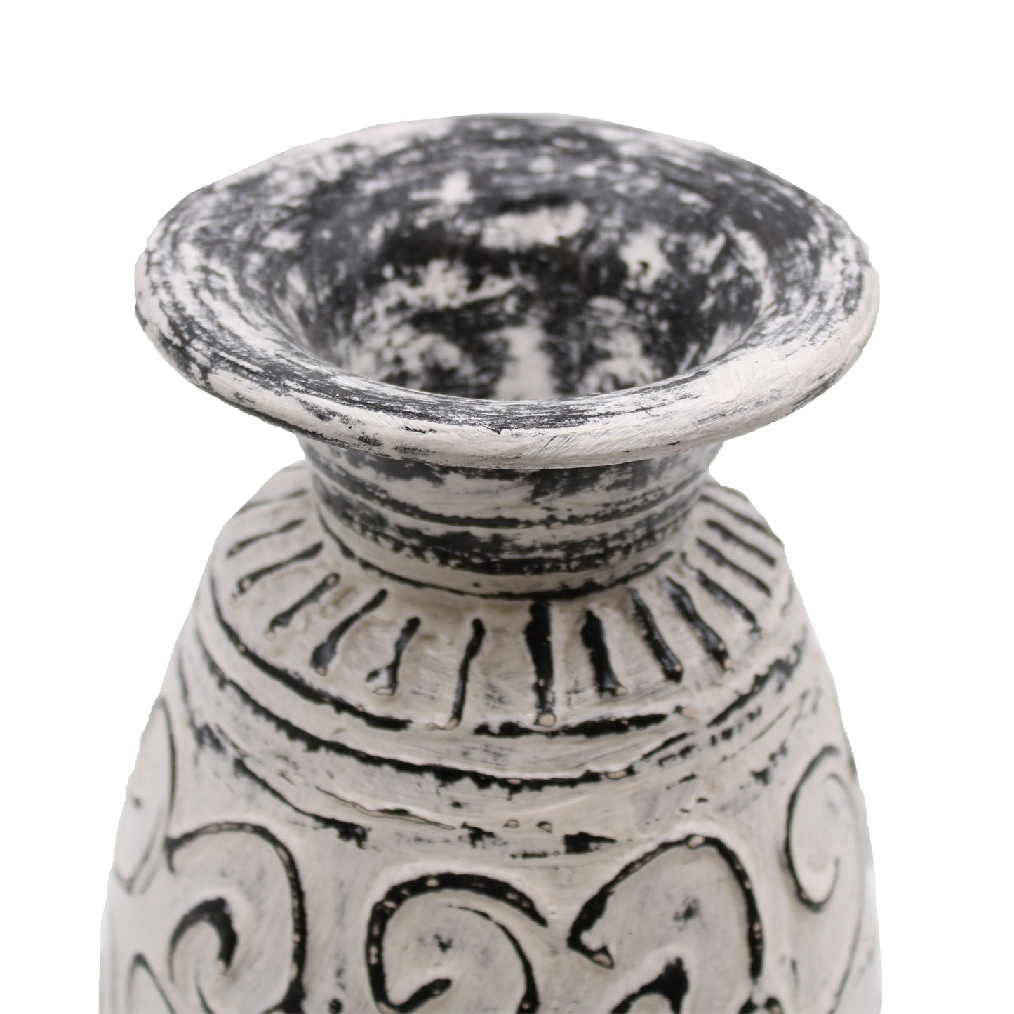Cream terracotta vase with swirl carvings and flared rim – handcrafted in Lombok, ideal for dried floral arrangements or ornamental display.

