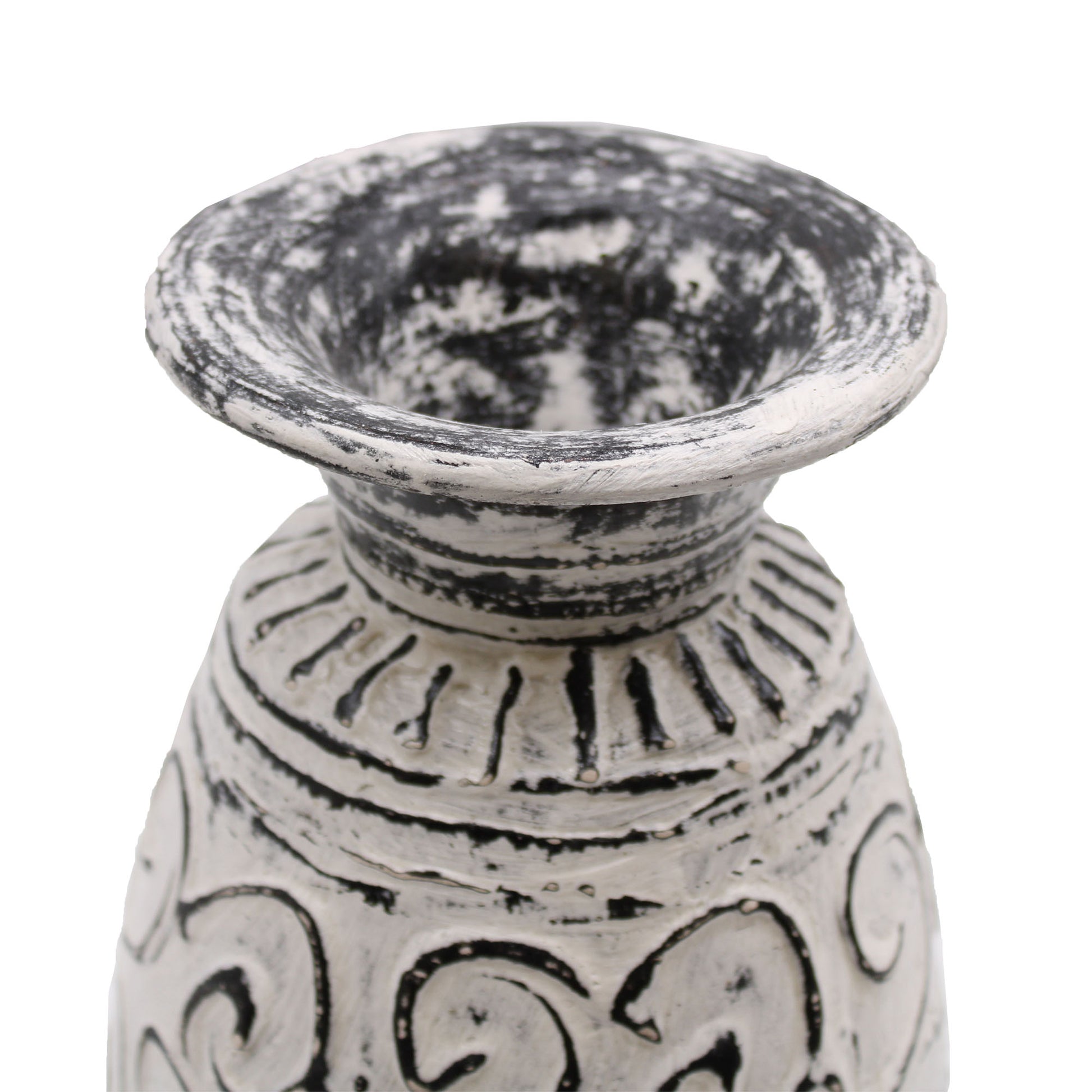 Cream terracotta vase with swirl carvings and flared rim – handcrafted in Lombok, ideal for dried floral arrangements or ornamental display.

