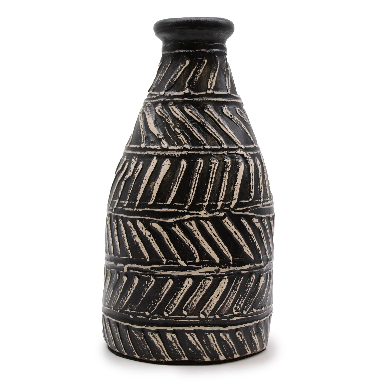 Black terracotta vase with diagonal Greek-style carvings – handcrafted in Lombok, tapered shape, ideal for dried flowers or display.

