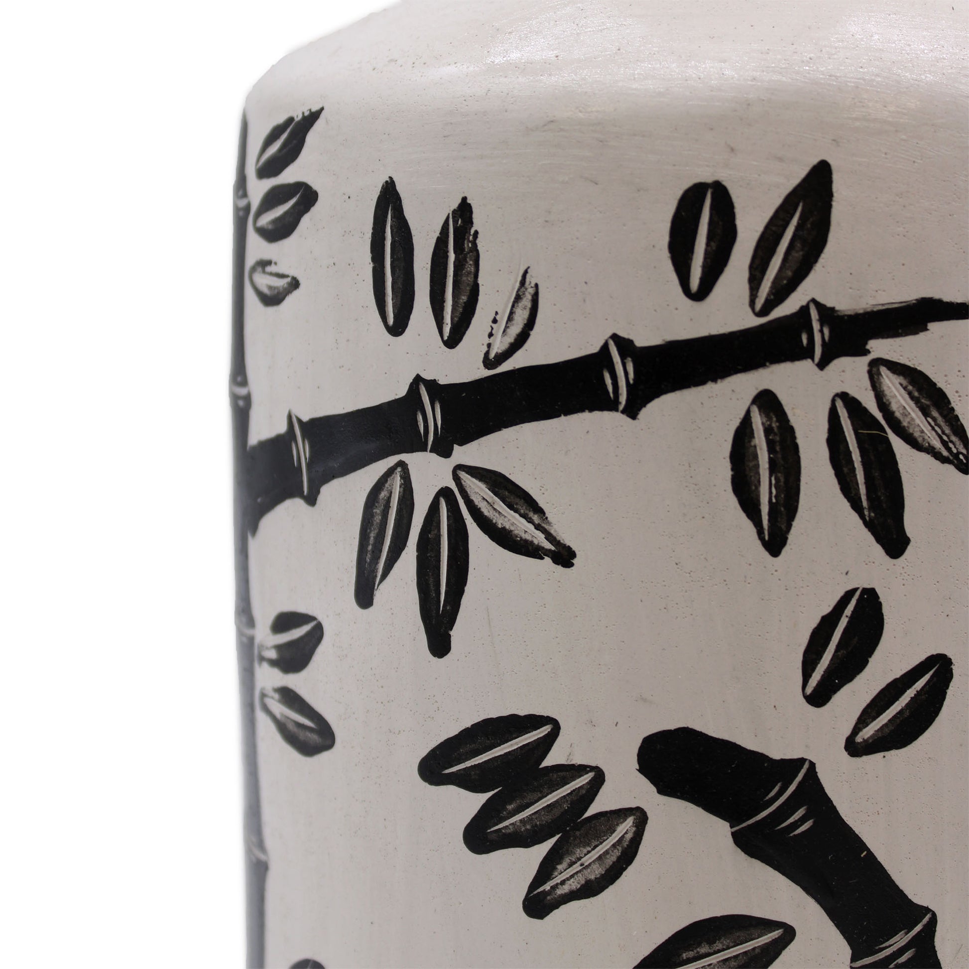 Terracotta vase with black bamboo motif on natural white background – handcrafted in Lombok, ideal for dried flowers or decorative use.

