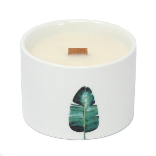 Set of 3 Japanese Garden botanical soy candles in ceramic jars with wooden wicks
