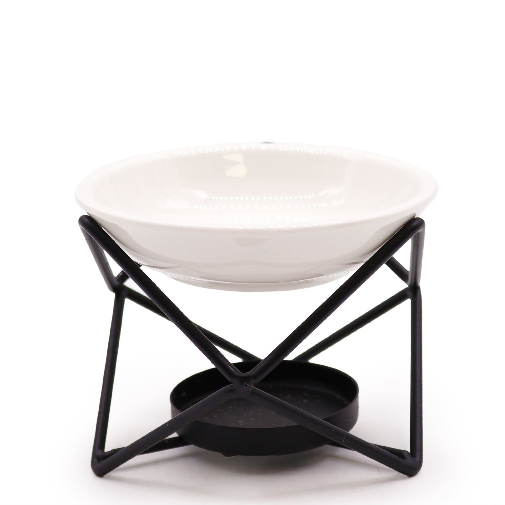 White ceramic oil burner with black hexagonal metal stand