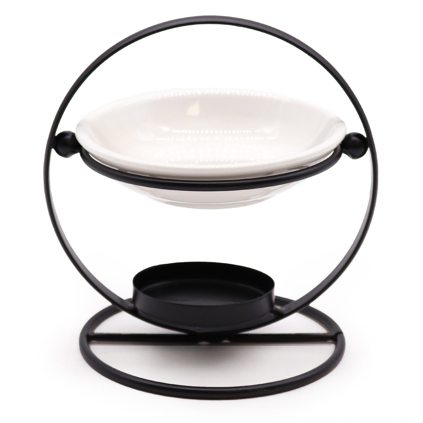 Modern oil burner with white ceramic dish suspended in a black metal hoop stand, designed for essential oils and tealights

