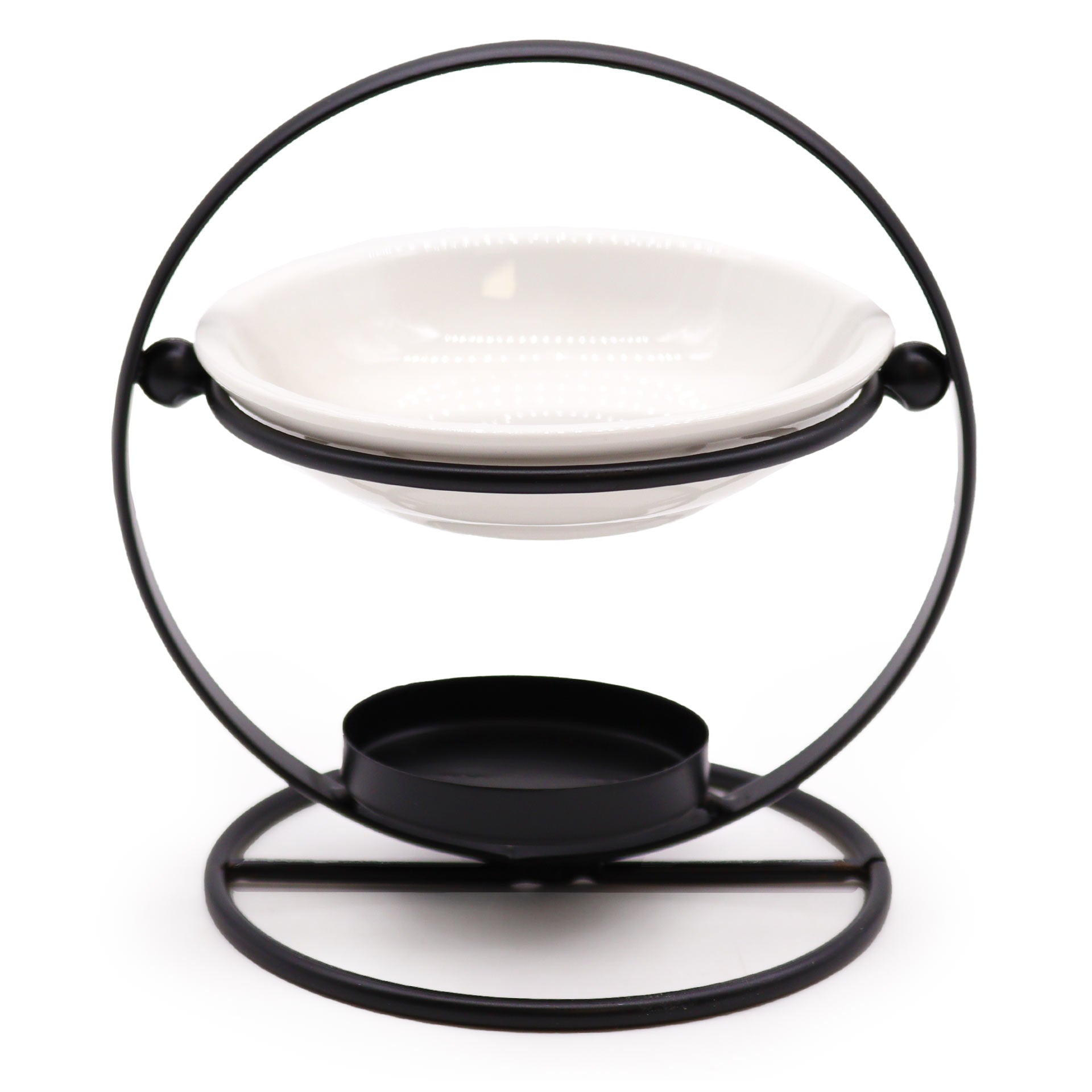 Modern oil burner with white ceramic dish suspended in a black metal hoop stand, designed for essential oils and tealights

