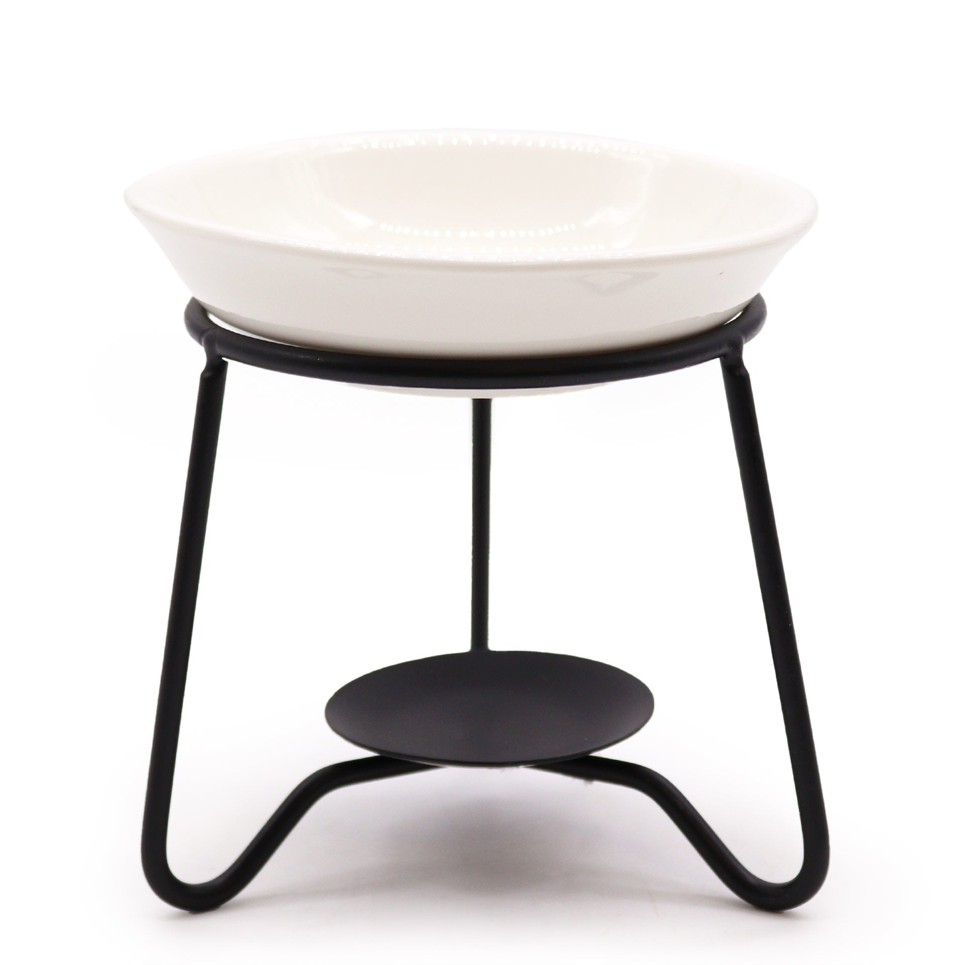 White ceramic oil burner dish on black metal stand, simple modern design for essential oils and tealights

