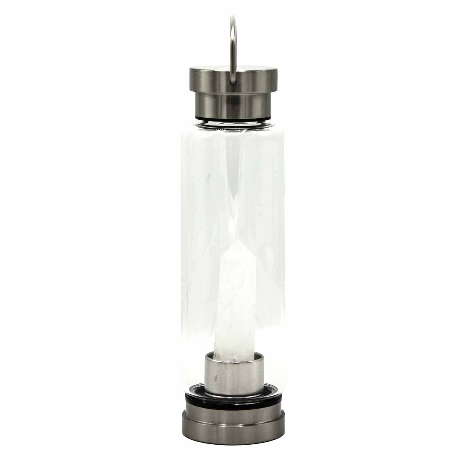 Glass water bottle with clear quartz crystal obelisk, stainless steel lid and base, neoprene sleeve, and gift box. 500ml BPA-free for clarity and energy alignment.

