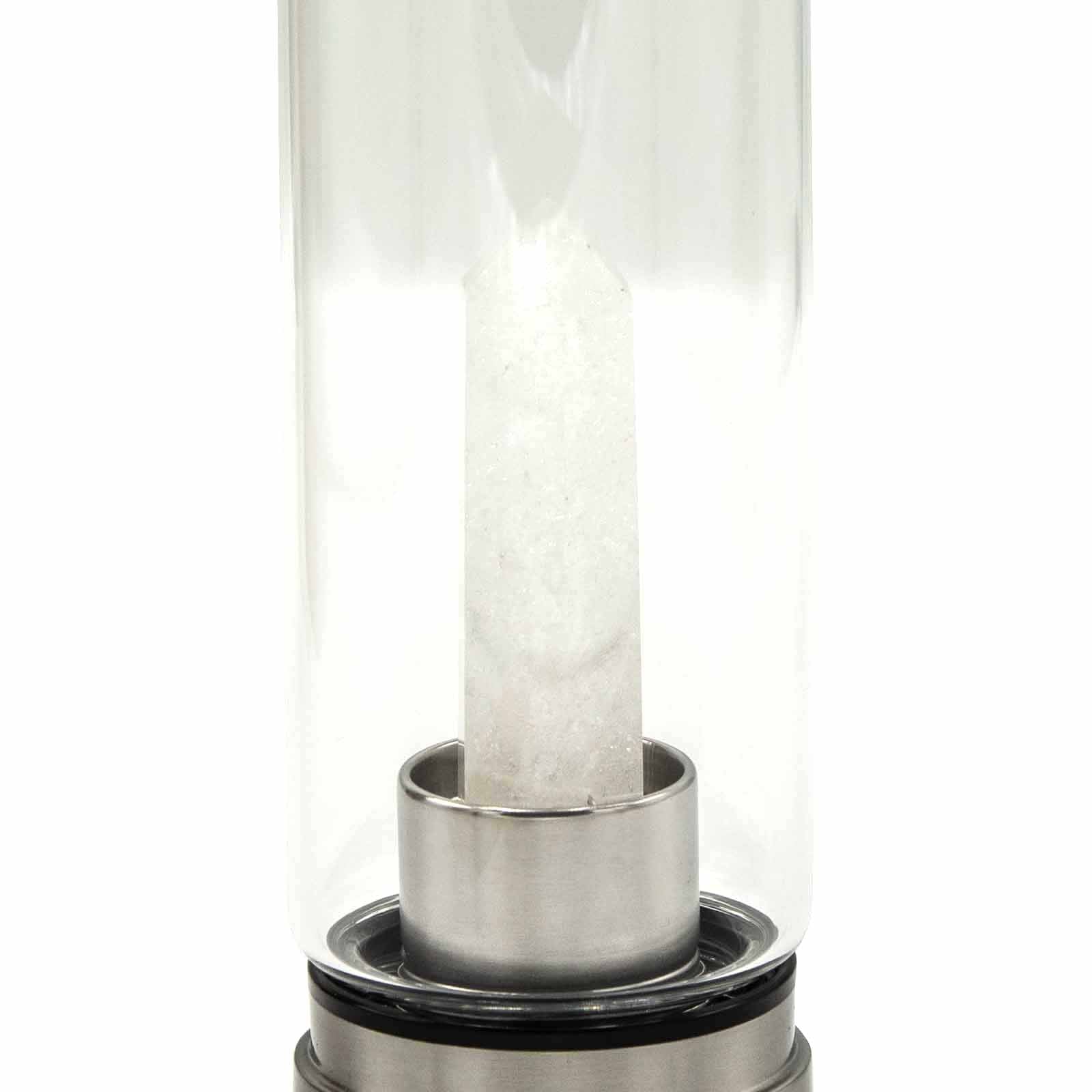Glass water bottle with clear quartz crystal obelisk, stainless steel lid and base, neoprene sleeve, and gift box. 500ml BPA-free for clarity and energy alignment.

