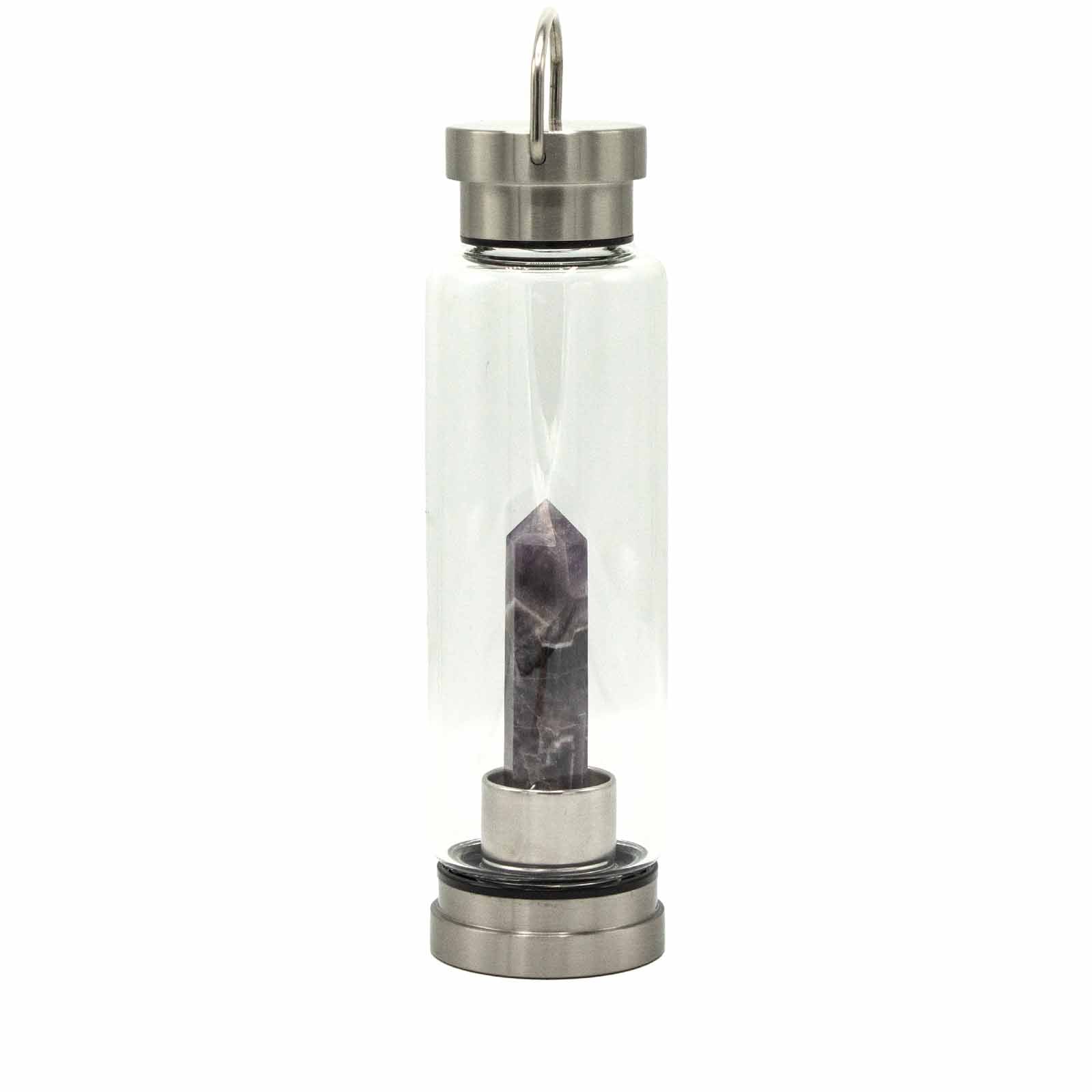 Glass water bottle with amethyst crystal obelisk, stainless steel lid and base, neoprene sleeve, and gift box. 500ml BPA-free for calm, clarity, and intuition.


