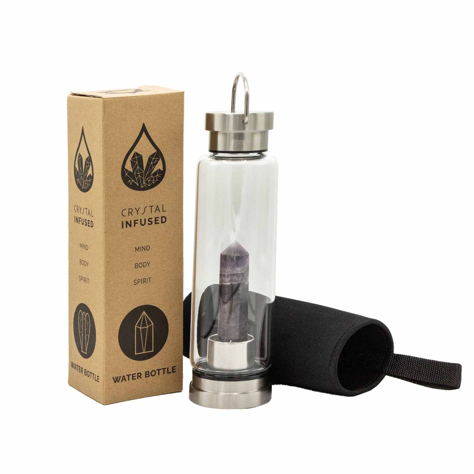 Glass water bottle with amethyst crystal obelisk, stainless steel lid and base, neoprene sleeve, and gift box. 500ml BPA-free for calm, clarity, and intuition.

