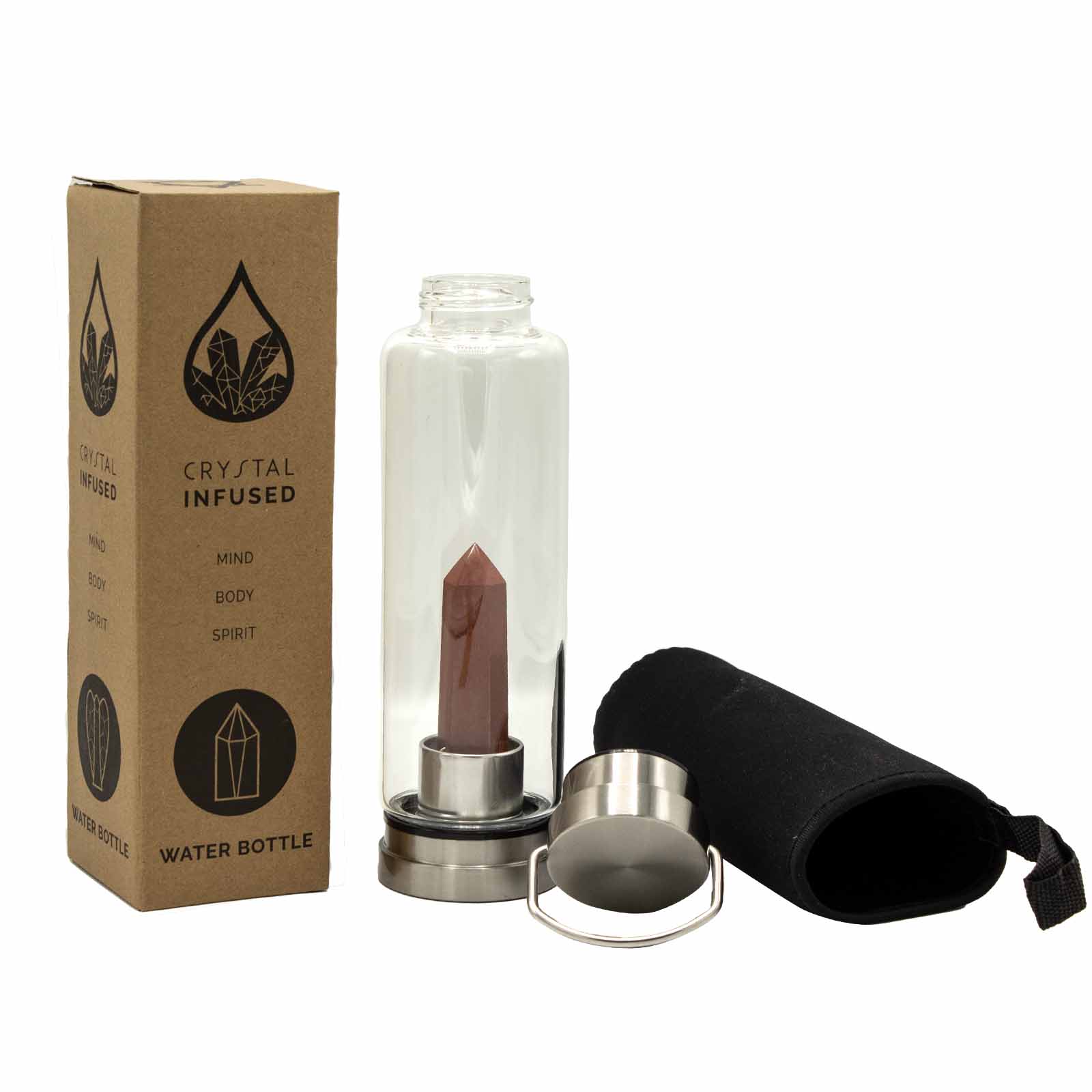 Crystal infused glass bottle with red jasper obelisk, stainless steel lid and base, neoprene sleeve, and gift box. 500ml BPA-free for grounding and vitality.

