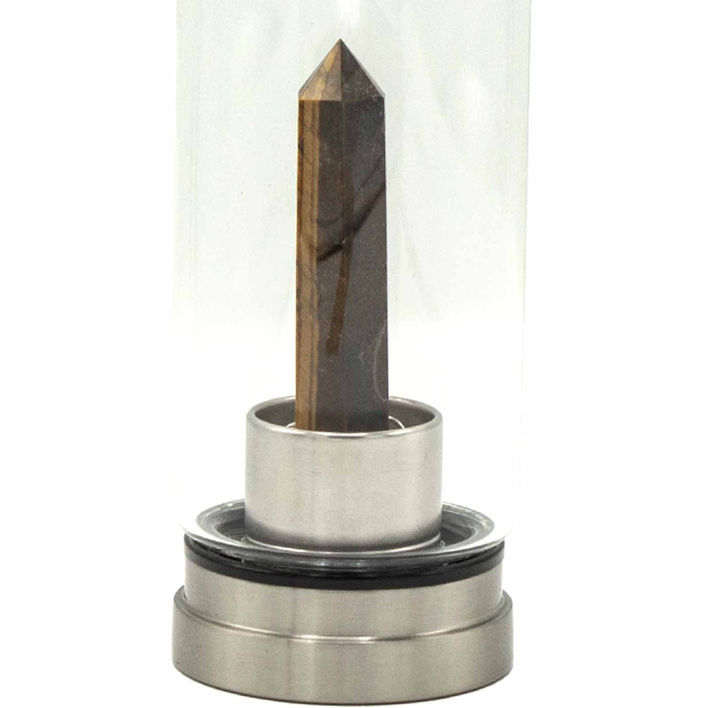 Glass water bottle with tiger’s eye crystal obelisk, stainless steel lid and base, neoprene sleeve, and gift box. 500ml BPA-free bottle for focus and grounding.

