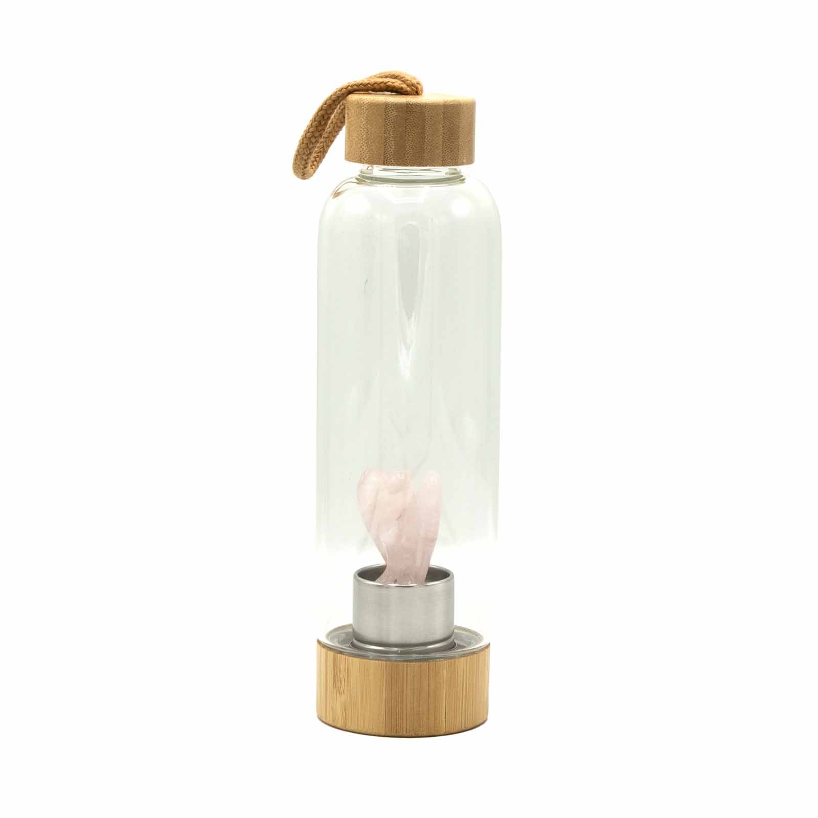 Glass crystal water bottle with rose quartz angel figurine, bamboo lid and base, neoprene sleeve, and gift box. 500ml BPA-free bottle for love and emotional healing.


