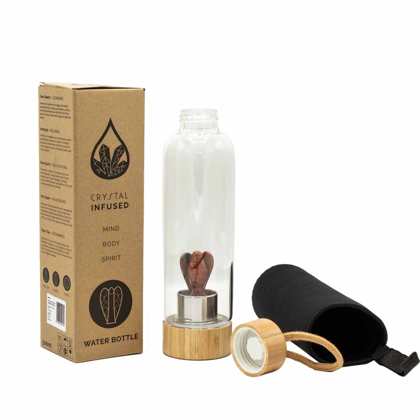 Glass crystal water bottle with red jasper angel figurine, bamboo lid and base, black neoprene sleeve, and eco gift box. 500ml BPA-free for grounding energy.

