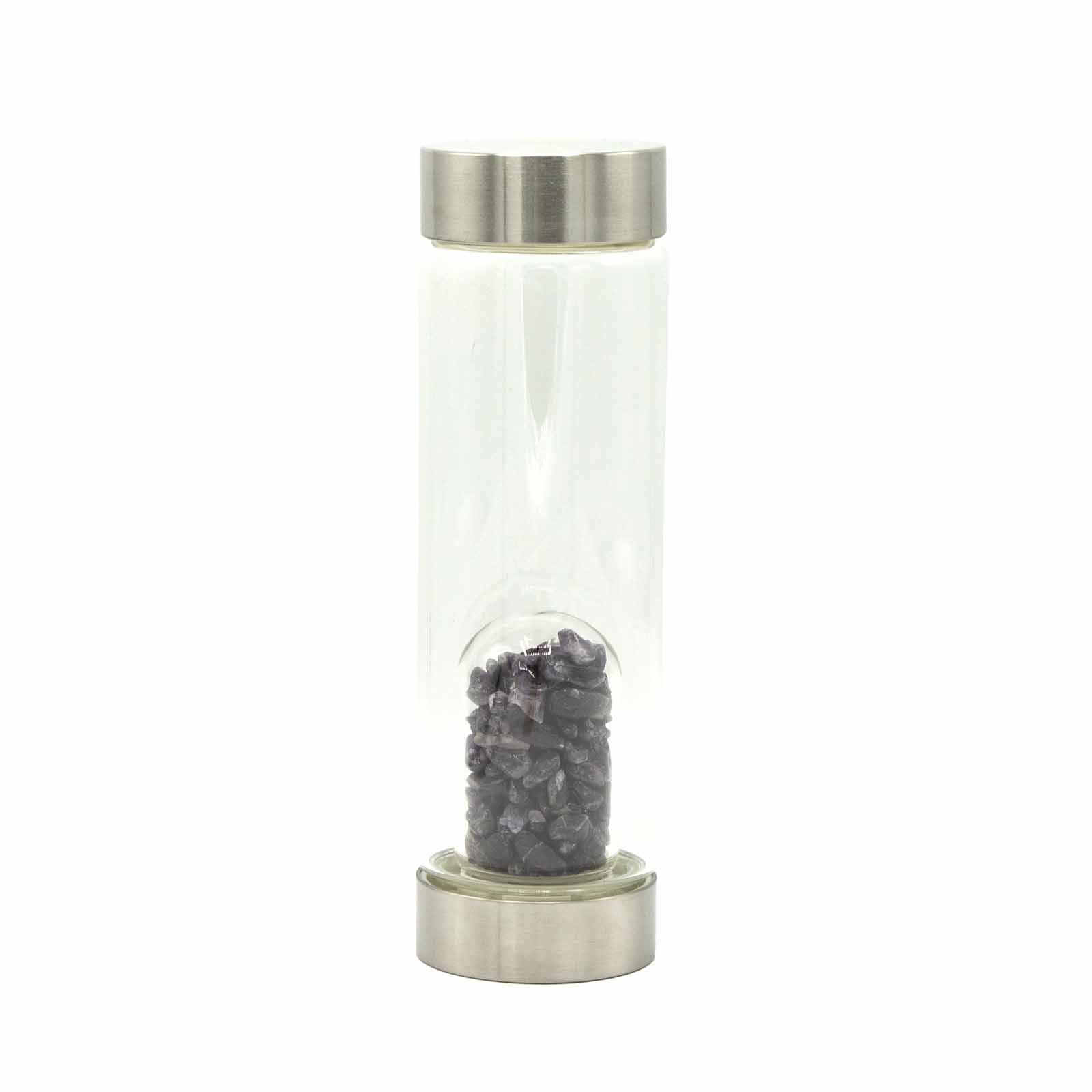 Amethyst crystal water bottle with stainless steel cap, gemstone chip chamber, neoprene sleeve, and gift box. 500ml BPA-free bottle for calm and clarity.

